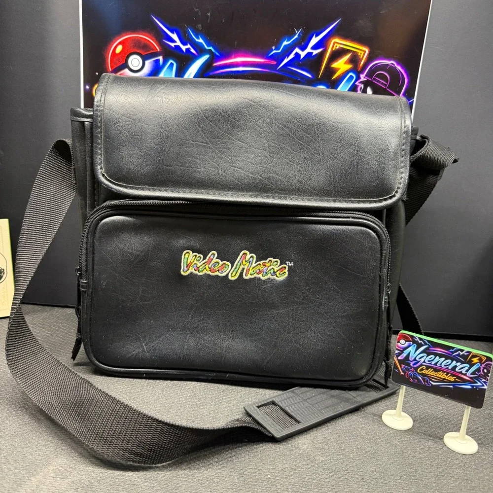 Vintage Video Matic Black Faux Leather Camera Messenger Bag Adjustable Strap